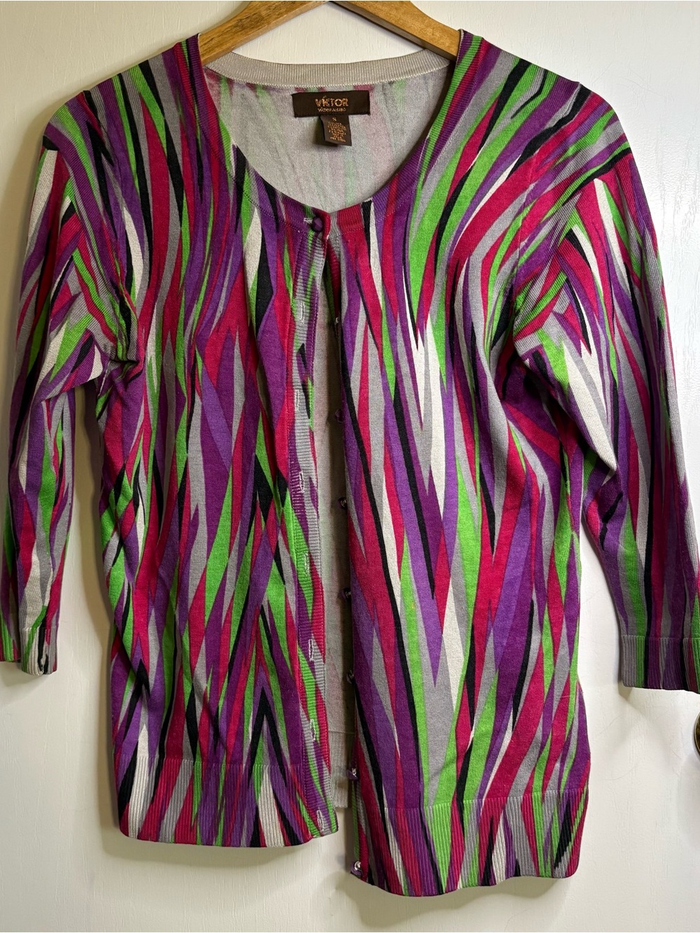 Viktor Alfaro Sz S Multicolor Abstract Knit Button Silk Cardigan Sweater FLAW